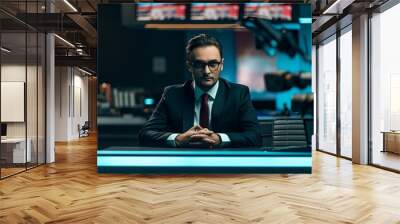 A poised news anchor at a broadcast desk embodies professionalism, communication, and information Wall mural