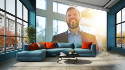 A professional businessman stands confidently in an airy, sunlit office environment, exuding success and positivity while dressed in classic business attire. Wall mural