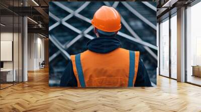 A railway worker wearing orange safety gear, including a helmet and a vest, standing near multiple intersecting railroad tracks, viewing the complex rail system. Wall mural