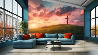 A serene landscape with a Christian cross on a flowering hill during a breathtaking sunset offering symbolism of faith and hope Wall mural