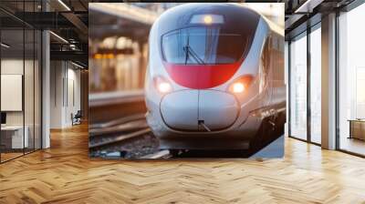 A sleek and modern bullet train is seen at the station during sunset, symbolizing technology, speed, and innovative transport solutions in a contemporary urban setting. Wall mural