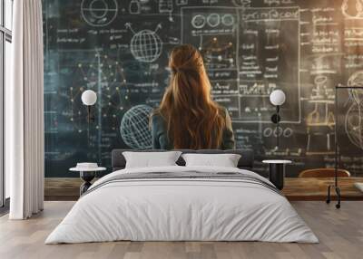 A woman contemplates complex mathematical formulas written on a blackboard in a dark academic setting Wall mural