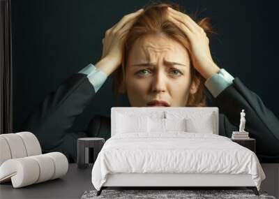 A worried woman dressed in a business suit holds her head, portraying anxiety and stress, set against a dark background highlighting her emotional turmoil. Wall mural