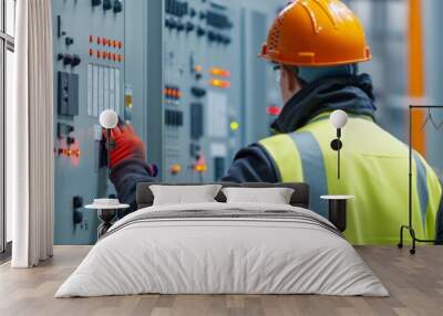 An electrician in safety gear is adjusting or inspecting equipment in a high voltage electrical panel Wall mural