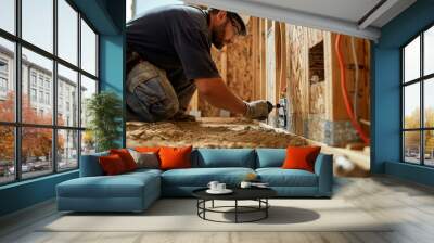 An electrician works on wiring and installing an electrical socket within a residential construction site Wall mural