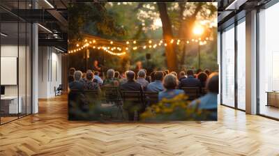 An enchanting evening of live music enjoyed by an audience under romantic string lights at dusk Wall mural