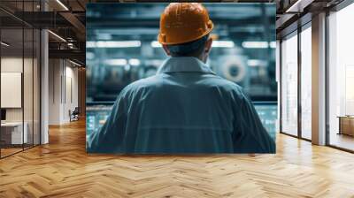 An engineer in a safety helmet is monitoring machinery and operations in an industrial plant Wall mural