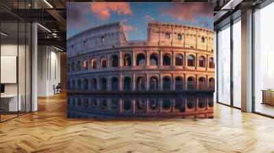 Captivating view of the ancient Roman Colosseum enveloped in a dramatic and warmly lit cloudscape Wall mural