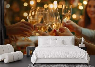 Close-up of hands toasting with champagne glasses at a festive dinner party, celebrating a special occasion Wall mural