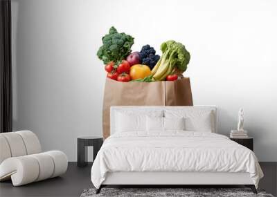 Paper grocery bag full of fresh produce against a transparent, white background, png format Wall mural