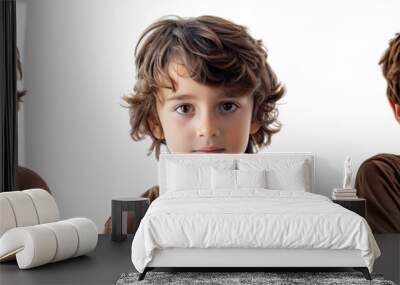 Portrait Collection of young boy with brown shirt with a curious face isolated on a white background as transparent PNG
 Wall mural