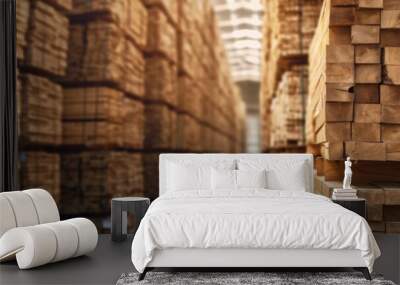 Stacks of lumber neatly arranged at a timber warehouse, showcasing potential raw materials Wall mural