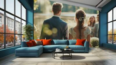 This beautiful image captures a newlywed couple from behind, facing their guests during an outdoor wedding ceremony by a tranquil lake Wall mural