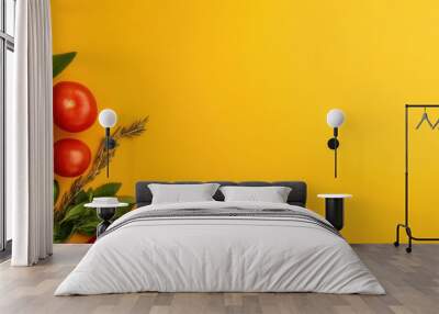 This image features assorted fresh ingredients like bread, tomatoes, herbs, and vegetables arranged on a vibrant yellow background, highlighting culinary and healthy living. Wall mural