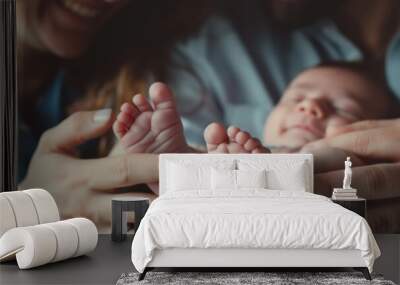 Two adults lovingly cradle the feet of a newborn baby, displaying tender family bonding Wall mural