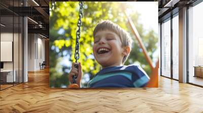 Two children enjoy a sunny afternoon laughing and swinging in a vibrant park, capturing the carefree essence of childhood and outdoor play under a bright sky. Wall mural