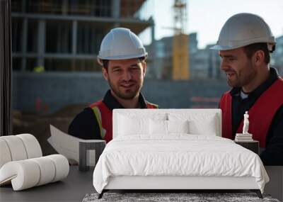 Two construction workers wearing hard hats and reflective vests examine a blueprint at a building site, symbolizing teamwork and progress in urban development. Wall mural