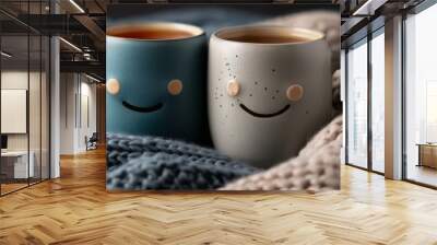 Two smiling mugs with adorable faces, one blue and one grey, nestled together in cozy warm blankets, evoking feelings of warmth, companionship, and happiness. Wall mural