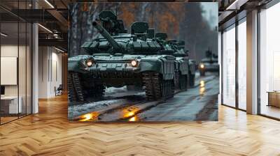 A tank on the road, representing military patrols during wartime. This image emphasizes the power and presence of armored forces in conflict situations. Wall mural