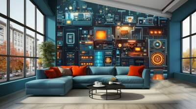 An indoor scene showcasing smart home technology through the Internet of Things (IoT), featuring holographic displays and advanced devices. This image embodies the future of intelligent living and con Wall mural