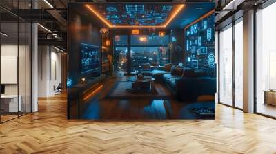 IoT Concept in a Modern Living Room: A Fusion of Business, Technology, and Interior Design. Showcasing Smart Home Features with Holographic Smart Technology Images. A Vision of the Future Where Busine Wall mural