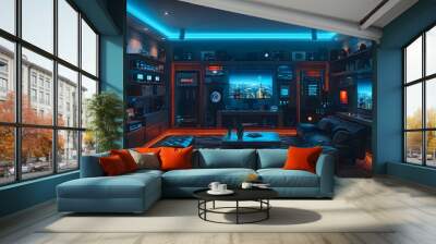 IoT Concept in a Modern Living Room: A Fusion of Business, Technology, and Interior Design. Showcasing Smart Home Features with Holographic Smart Technology Images. A Vision of the Future Where Busine Wall mural