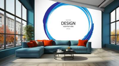 Vector abstract circle painted with blue paint brushes, round frame. Wall mural