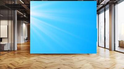 Sun in the blue cloudless sky. Clear blue sky with shining sun. Natural panoramic with bright sunlight background. Summer, spring background. Vector illustration with copy space Wall mural