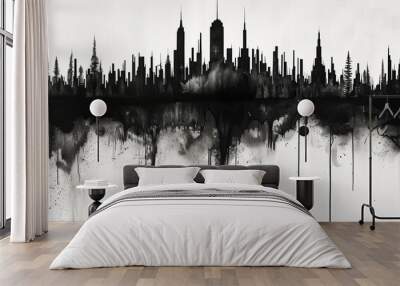 a monochrome reflection of an urban skyline amidst dreamlike visions. a monochromatic artwork displa Wall mural