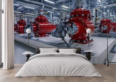 A row of red industrial pumps sit on a white platform in a clean, modern facility. The pumps are connected to a network of pipes and wires Wall mural