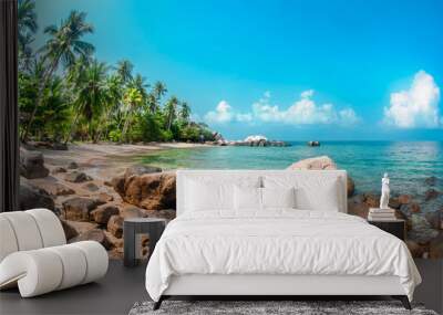 Beautiful tropical beach at exotic island with palm trees Wall mural