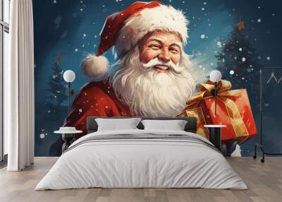 Close-up portrait Illustration of a smiling and cheerful Santa Claus with New Year and Christmas gifts. Outdoor winter holiday atmosphere Wall mural