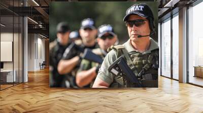 group of full armed swat soldiers standing in column line Wall mural