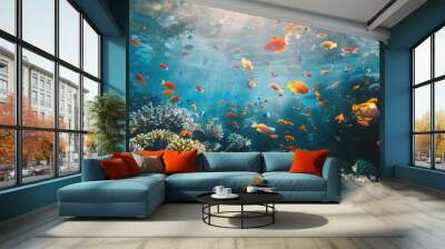 Symphony of the sea: an underwater ballet. A vast school of fish gracefully drifts above a vibrant coral reef, creating a mesmerizing display of movement and color in the depths of the ocean Wall mural