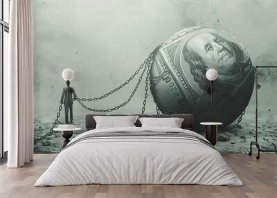 The burden of debt. A man stands next to a large ball with a chain, symbolizing the weight of debt and financial struggles in modern society Wall mural