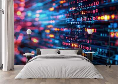 The digital tapestry: a symphony of code and light. A close-up image of a computer screen displaying code, showcasing the intricate beauty of software development and digital innovation Wall mural