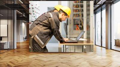 Two maintenance engineers inspect relay protection system with laptop comp Wall mural