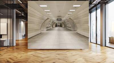 Underground subway station hallway tunnel with escalator. Abstract perspective view Wall mural