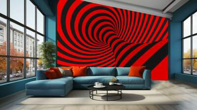 Torus 3D optical illusion raster illustration. Hypnotic black and red tube image. Contrast twisting loops, stripes ornament. Wall mural