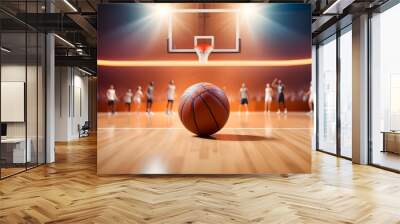 Basketball on a basketball court with lights and hoops in the background 2 Wall mural