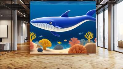 cartoon blue whale swimming in an underwater scene with colorful coral reefs and tropical fish 5 Wall mural