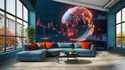 digital globe surrounded by financial technology digital charts and graphs Wall mural