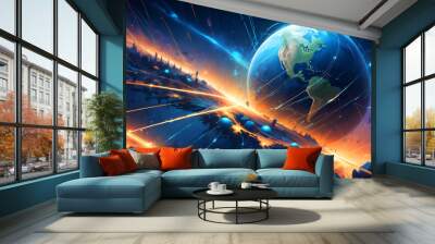 futuristic earth in the night neon city with line abstract wave background 9 Wall mural