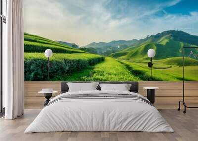 wooden table top against a tea plantation landscape blue sky 2 Wall mural