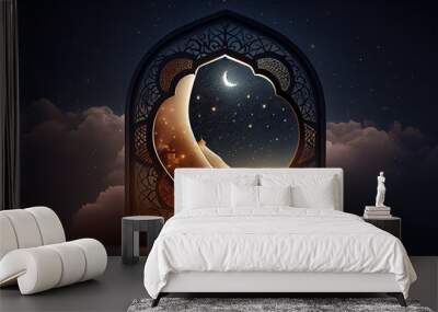 Mystical window with crescent moon in night sky. generative Ai Wall mural