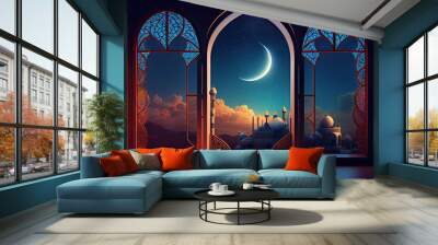 Mystical window with crescent moon in night sky. generative Ai Wall mural