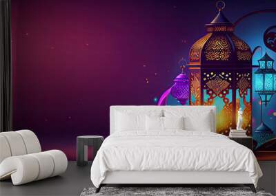 Ramadan Kareem greeting card. Arabic lanterns with glowing lights. Generative Ai. Wall mural