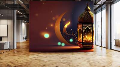 Ramadan Kareem greeting card. Arabic lanterns with glowing lights. Generative Ai. Wall mural