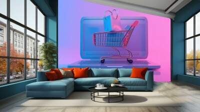 Digital Shopping Cart on Laptop created by ai Wall mural