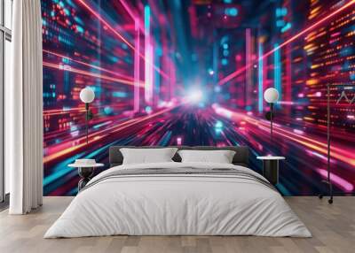 Futuristic Neon Tunnel with Vibrant Lights created by ai Wall mural